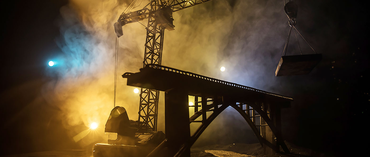 A crane operating at night time